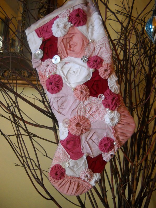 DSCN2492 600x800 Miss Aaralyns Christmas Stocking in fabric diy  with Upcycled T shirt Jewelry Fabric Button 