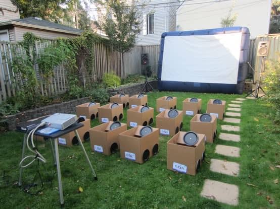 mo Backyard drive in movie party ! in social diy cardboard  with movie Kid 