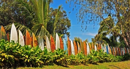 Repurposed surfboard fence – endless summer