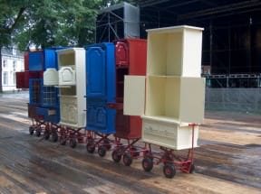 Mobile merchandising stands from upcycled cabinets