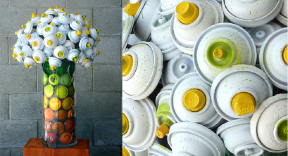 Discarded spray can bouquets and orchids
