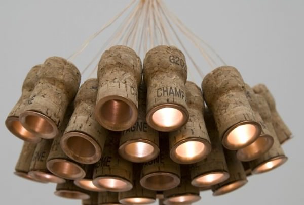 Champagne Chandelier 600x406 Chandelier from recycled Champagne corks  in lights  with cork Chandelier champagne 