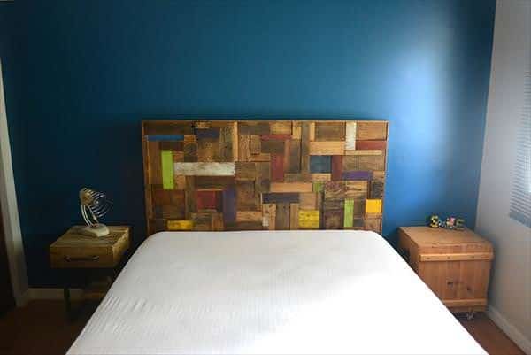 Colorful Headboard Made Out Of Recycled Pallets 1 • Recycled Pallets • Recyclart queeen-pallet-colorful-headboard