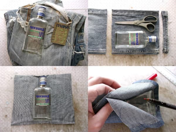 How To Make Flask From Your Favourite But Old Jeans And A Glass Bottle 2 • Do-It-Yourself Ideas • Recyclart recyclart.org-how-to-make-flask-from-your-favourite-but-old-jeans-and-a-glass-bottle