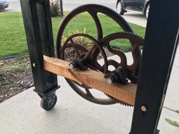 Eclectic - Table Made from Old School House Door, Corn Shucker Gears, Yardstick, Pallets and Machinist Lamp 5 &bull; Recycled Furniture