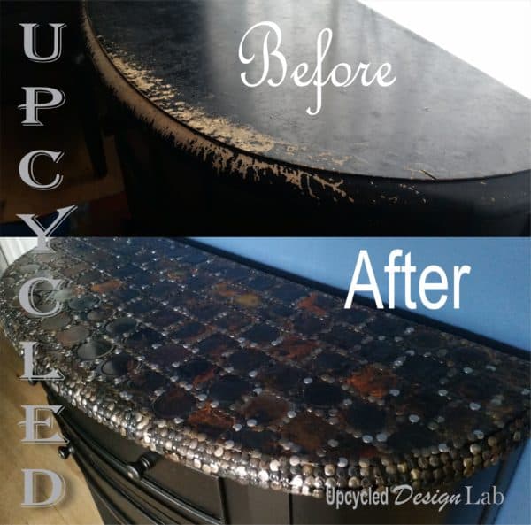 Upcycled Tin Can Lid Table Top Cover Up - Episode 4 of Dogs Vs Cats 4 • Recycled Furniture • Recyclart Upcycled Tin Can Lid Table Top Cover Up - Episode 4 of Dogs Vs Cats 3 • Recycled Furniture