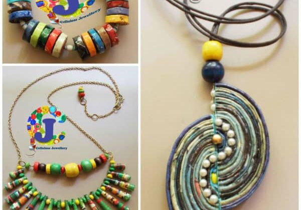 Upcycled magazine paper jewellery 1